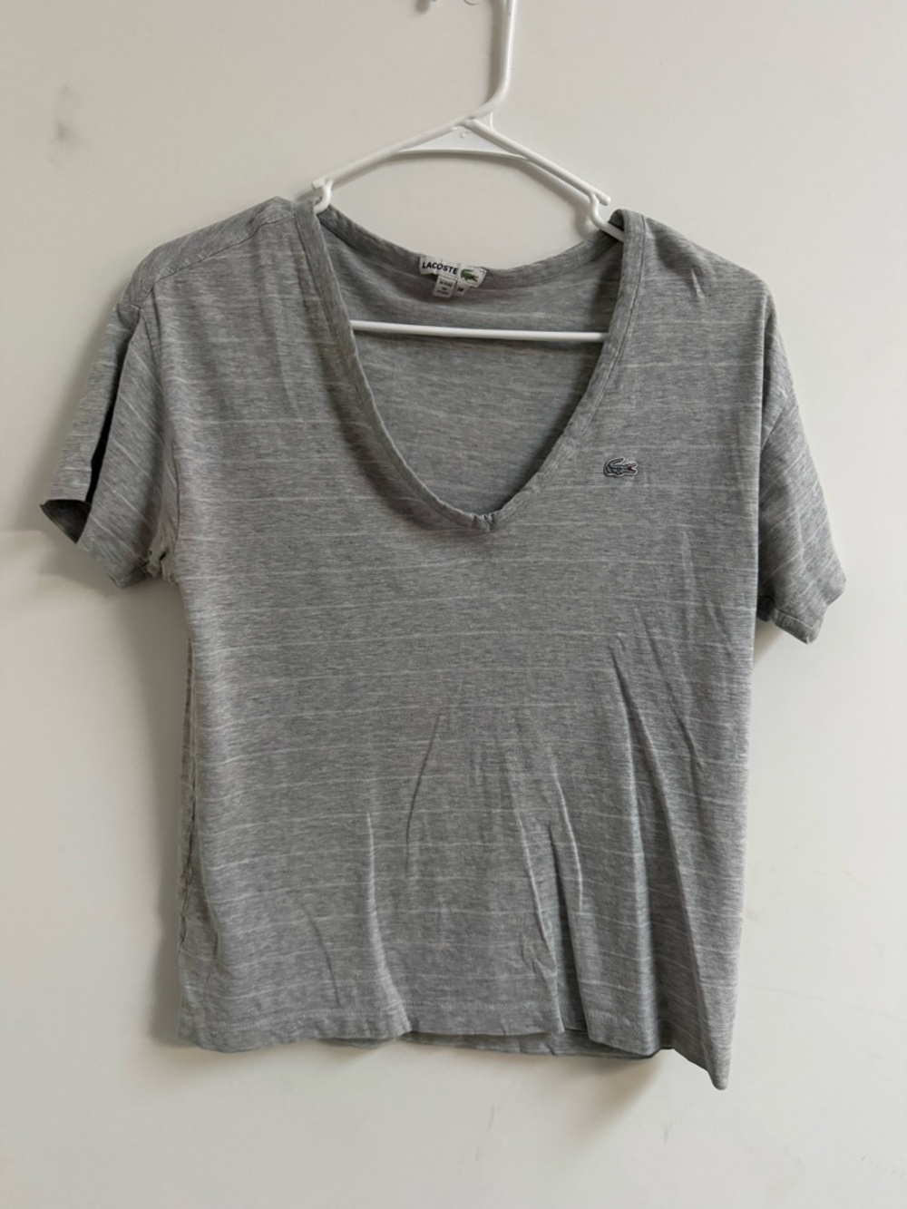 Lacoste Light Gray V-Neck Short Sleeve Tee with Crocodile Emblem